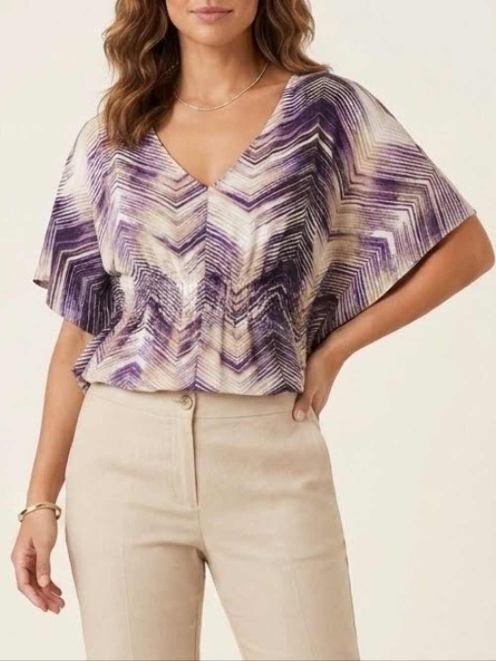 Vintage Worthington Stretch Cinched Waist Watercolor Chevron Striped Blouse